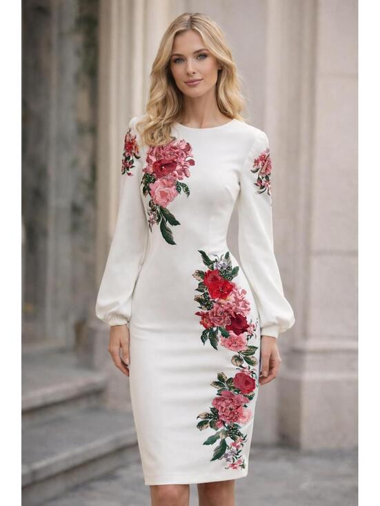 Badgley Mischka Dresses & Skirts - Badgley Mischka * 4 White Floral Embroidered Midi Dress Long Sleeve Modest Chic